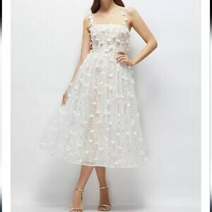 Dessy Collection 3D Floral Embroidered White Midi Dress Nude Corset Size 16